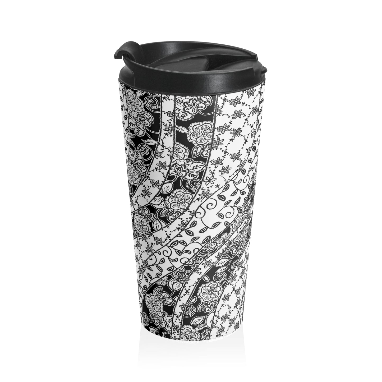 Black and White Flower Pattern, Stainless Steel, Travel Mug