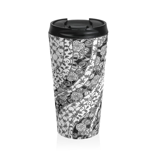 Black and White Flower Pattern, Stainless Steel, Travel Mug