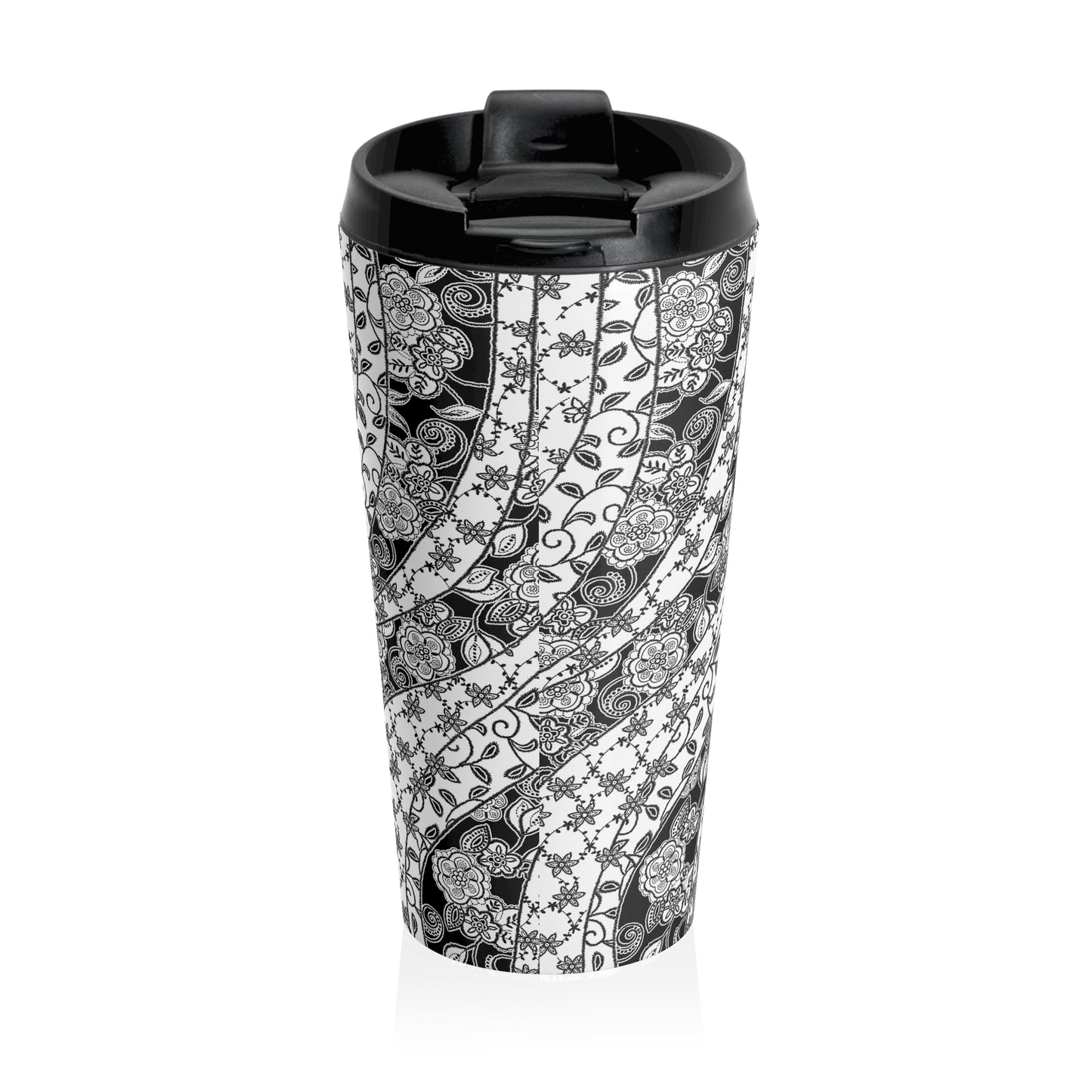 Black and White Flower Pattern, Stainless Steel, Travel Mug