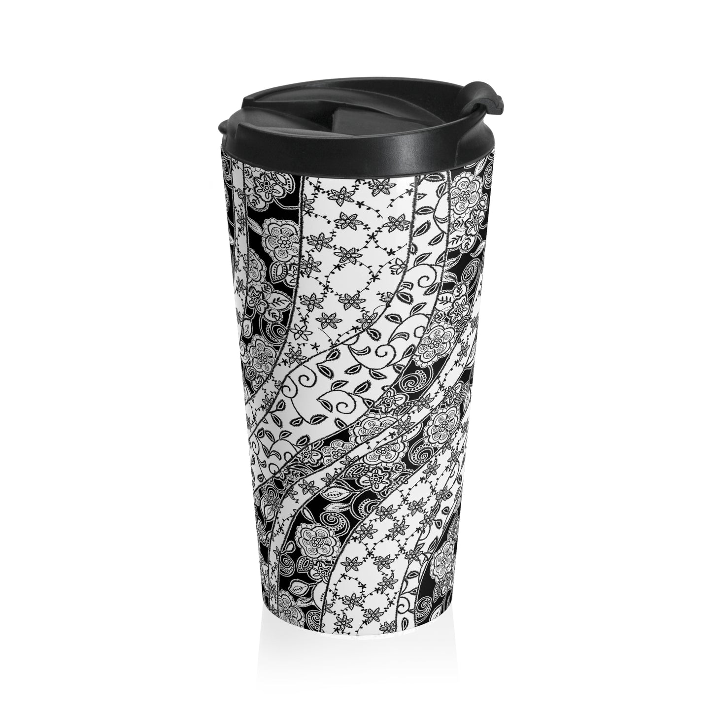 Black and White Flower Pattern, Stainless Steel, Travel Mug